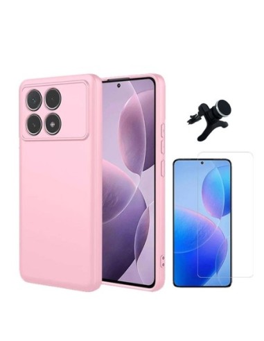 Kit Vidro Temperado Clearglass + Capa Silicone Líquido + Suporte Reforçado Compativel Com Xiaomi Poco F6 Pro - Rosa