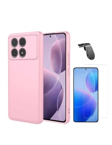 Kit Vidro Temperado Clearglass + Capa Silicone Líquido + Suporte L Compativel Com Xiaomi Poco F6 Pro - Rosa