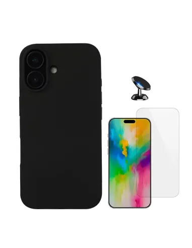 Kit Vidro Temperado Clearglass + Capa Silicone Líquido + Suporte Magnético Para Apple iPhone 16 - Preto