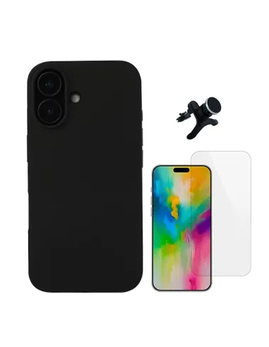 Kit Vidro Temperado Clearglass + Capa Silicone Líquido + Suporte Magnético Reforçado  Para Apple iPhone 16 - Preto