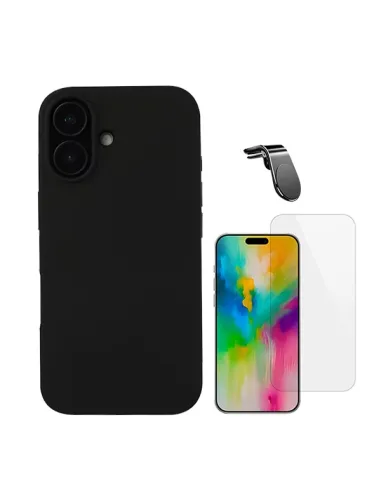 Kit Vidro Temperado Clearglass + Capa Silicone Líquido + Suporte Magnético L  Para Apple iPhone 16 - Preto