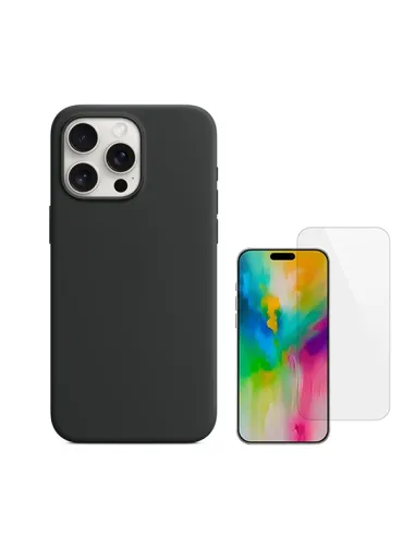 Kit Vidro Temperado Clearglass + Capa Silicone Líquido  Para Apple iPhone 16 Pro - Preto