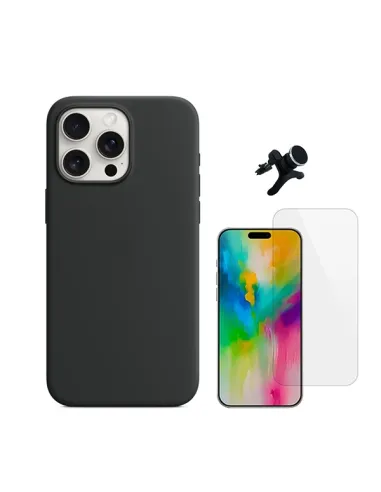 Kit Vidro Temperado Clearglass + Capa Silicone Líquido + Suporte Magnético Reforçado  Para Apple iPhone 16 Pro - Preto