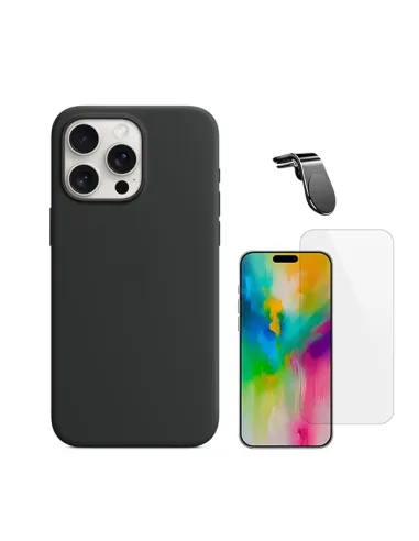 Kit Vidro Temperado Clearglass + Capa Silicone Líquido + Suporte Magnético L  Para Apple iPhone 16 Pro - Preto