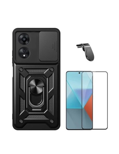 Kit Película de Vidro Temperado 5d Full Cover + Capa Military Defender Slide + Suporte L Compativel Com Oppo A60 - Preto