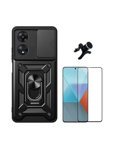 Kit Película de Vidro Temperado 5d + Capa Military Defender Slide + Suporte Reforçado Compativel Com Oppo A60 - Preto