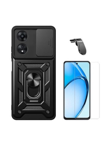 Kit Vidro Temperado Clearglass + Capa Military Defender Slide Window + Suporte L Compativel Com Oppo A60 - Preto