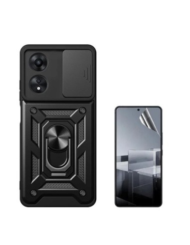 Kit Película Hydrogel Full Cover Frente + Capa Military Defender Slide Window  Compativel Com Oppo A60 - Preto