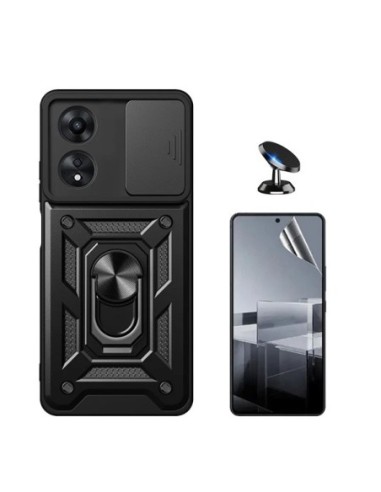 Kit Película Hydrogel Full Cover Frente + CapaMilitary Slide Window + Suporte de Carro Compativel Com Oppo A60 - Preto