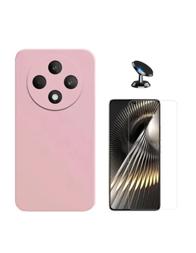 Kit Vidro Temperado Clearglass + Capa Silicone Líquido + Suporte Magnético Para Oppo Reno12 FS 5G - Rosa