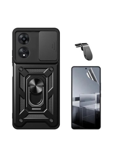 Kit Película Hydrogel Full Cover Frente + Capa Military Slide Window + Suporte L Compativel Com Oppo A60 - Preto