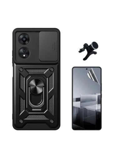 Kit Película Hydrogel Full Cover Frente + Capa Magnetic Slide Window + Suporte Reforçado Compativel Com Oppo A60 - Preto