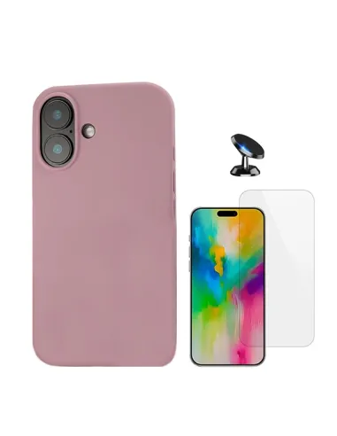 Kit Vidro Temperado Clearglass + Capa Silicone Líquido + Suporte Magnético Para Apple iPhone 16 - Rosa