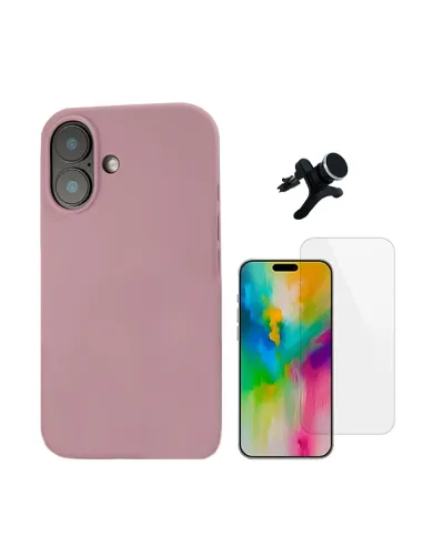 Kit Vidro Temperado Clearglass + Capa Silicone Líquido + Suporte Magnético Reforçado  Para Apple iPhone 16 - Rosa