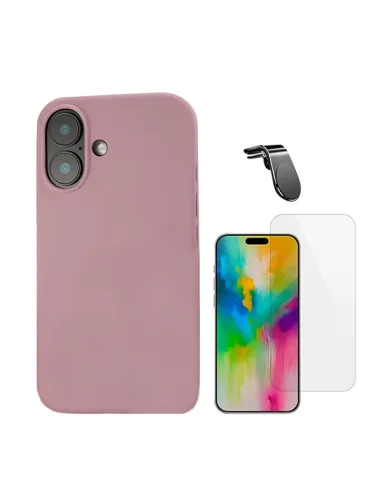 Kit Vidro Temperado Clearglass + Capa Silicone Líquido + Suporte Magnético L  Para Apple iPhone 16 Plus - Rosa