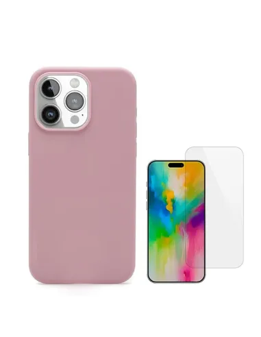 Kit Vidro Temperado Clearglass + Capa Silicone Líquido  Para Apple iPhone 16 Pro - Rosa