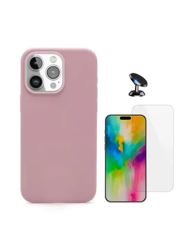 Kit Vidro Temperado Clearglass + Capa Silicone Líquido + Suporte Magnético Para Apple iPhone 16 Pro - Rosa