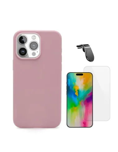 Kit Vidro Temperado Clearglass + Capa Silicone Líquido + Suporte Magnético L  Para Apple iPhone 16 Pro - Rosa