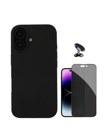 Kit Vidro Anti-Spy + Capa Silicone Líquido + Suporte Magnético Para Apple iPhone 16 - Preto