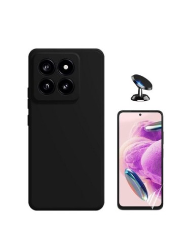 Kit Película Hydrogel Full Cover Frente + Capa Silicone Líquido + Suporte de Carro para Xiaomi 14 - Preto