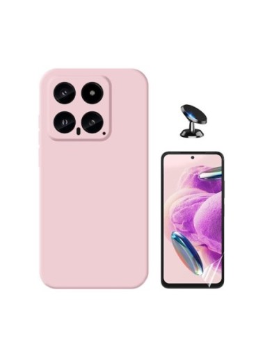 Kit Película Hydrogel Full Cover Frente + Capa Silicone Líquido + Suporte de Carro para Xiaomi 14 - Rosa