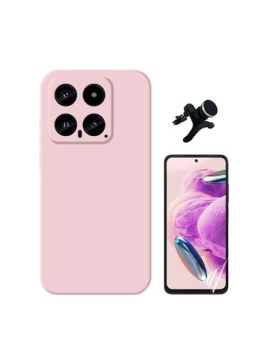 Kit Película Hydrogel Full Cover Frente + Capa Silicone Líquido + Suporte Reforçado para Xiaomi 14 - Rosa