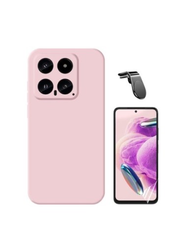 Kit Película Hydrogel Full Cover Frente + Capa Silicone Líquido + Suporte L para Xiaomi 14 - Rosa