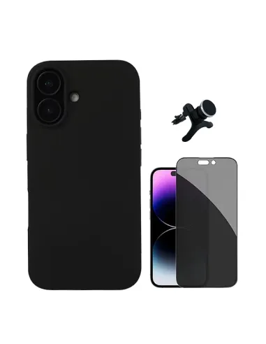 Kit Vidro Anti-Spy + Capa Silicone Líquido + Suporte Magnético Reforçado  Para Apple iPhone 16 Plus - Preto