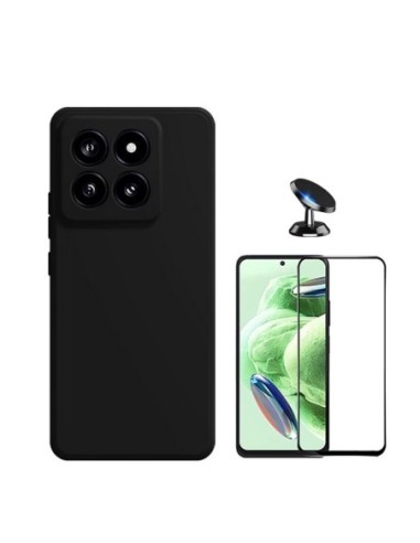 Kit Película de Vidro Temperado 5D Full Cover + Capa Silicone Líquido + Suporte de Carro para Xiaomi 14 - Preto