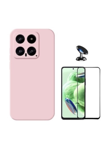 Kit Película de Vidro Temperado 5D Full Cover + Capa Silicone Líquido + Suporte de Carro para Xiaomi 14 - Rosa