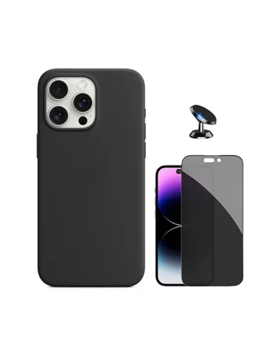 Kit Vidro Anti-Spy + Capa Silicone Líquido + Suporte Magnético Para Apple iPhone 16 Pro - Preto