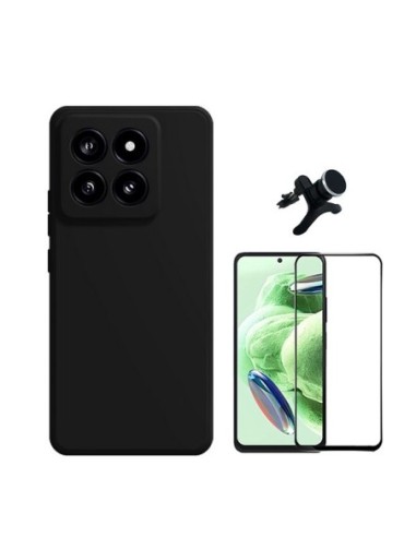 Kit Película de Vidro Temperado 5D Full Cover + Capa Silicone Líquido + Suporte Reforçado para Xiaomi 14 - Preto