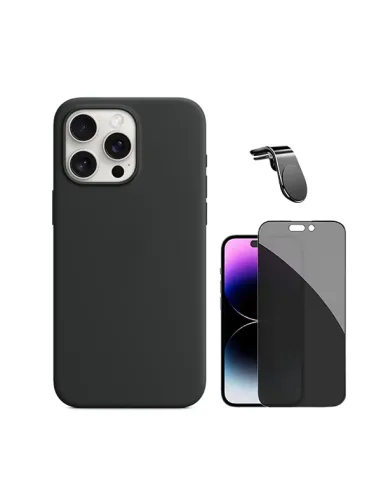 Kit Vidro Anti-Spy + Capa Silicone Líquido + Suporte Magnético L Safe  Para Apple iPhone 16 Pro - Preto