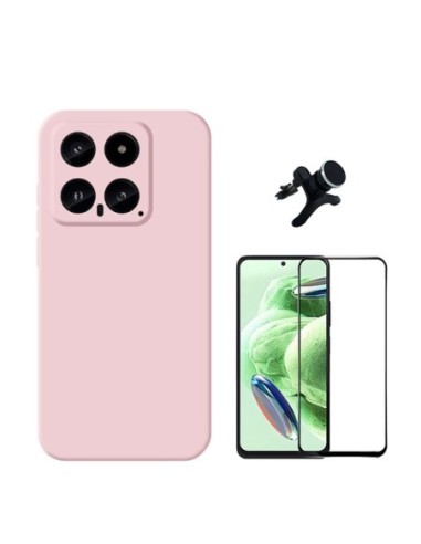 Kit Película de Vidro Temperado 5D Full Cover + Capa Silicone Líquido + Suporte Reforçado para Xiaomi 14 - Rosa