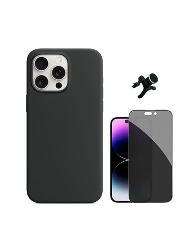 Kit Vidro Anti-Spy + Capa Silicone Líquido + Suporte Magnético Reforçado  Para Apple iPhone 16 Pro - Preto