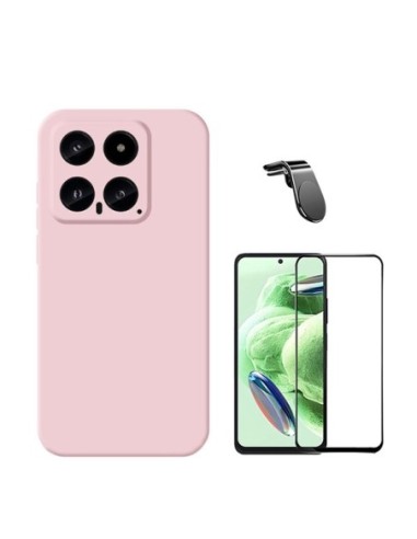 Kit Película de Vidro Temperado 5D Full Cover + Capa Silicone Líquido + Suporte L para Xiaomi 14 - Rosa