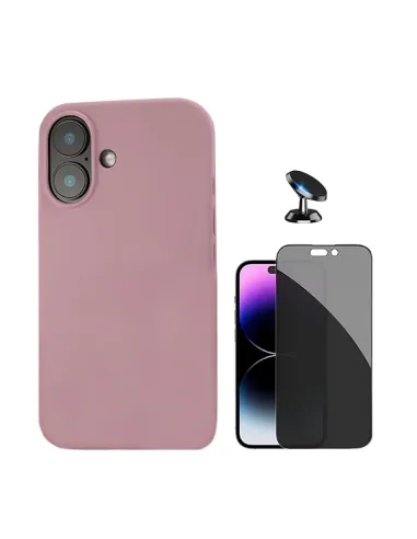 Kit Vidro Anti-Spy + Capa Silicone Líquido + Suporte Magnético Para Apple iPhone 16 - Rosa