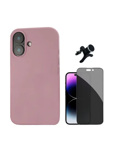 Kit Vidro Anti-Spy + Capa Silicone Líquido + Suporte Magnético Reforçado  Para Apple iPhone 16 Plus - Rosa