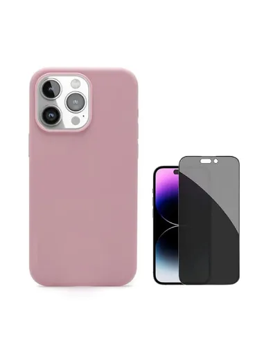 Kit Vidro Anti-Spy + Capa Silicone Líquido  Para Apple iPhone 16 Pro - Rosa