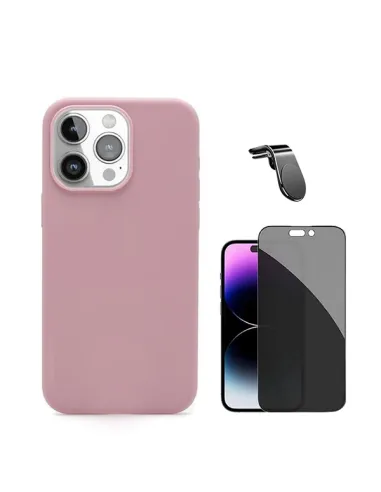 Kit Vidro Anti-Spy + Capa Silicone Líquido + Suporte Magnético L Safe  Para Apple iPhone 16 Pro - Rosa