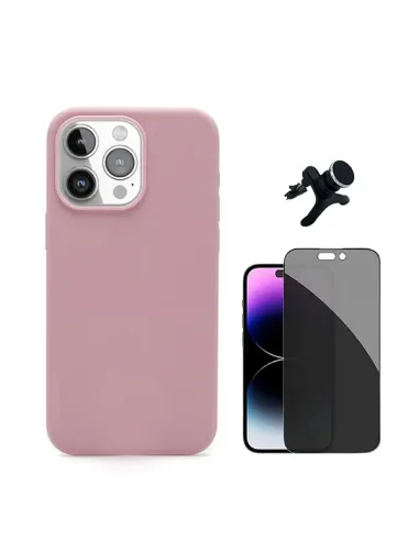 Kit Vidro Anti-Spy + Capa Silicone Líquido + Suporte Magnético Reforçado  Para Apple iPhone 16 Pro - Rosa