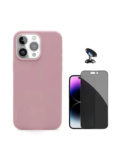 Kit Vidro Anti-Spy + Capa Silicone Líquido + Suporte Magnético Para Apple iPhone 16 Pro Max - Rosa