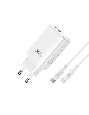 Kit Carregador Duplo (USB-C,USB-A) PD 65W CE17 + Cabo Ultra Rápido 100w Type C XO Compativel Com Apple - Branco