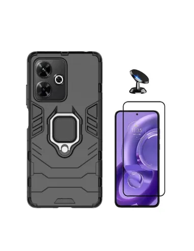 Kit Vidro Premium Full Cover + Capa Military  + Suporte Magnético Para Xiaomi Poco M6 4G - Preto