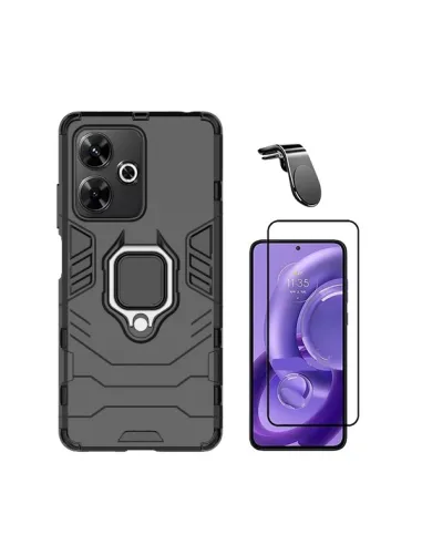 Kit Vidro Premium Full Cover + Capa Military  + Suporte Magnético L  Para Xiaomi Poco M6 4G - Preto