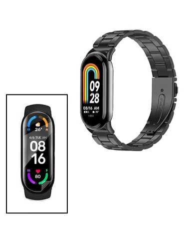 Kit Bracelete Aço Stainless Lux + Película Protectora Ecrã Gel Full Cover  Para Xiaomi Smart Band 9 - Preto