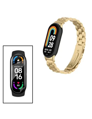 Kit Bracelete Aço Stainless Lux + Película Protectora Ecrã Gel Full Cover  Para Xiaomi Smart Band 9 - Ouro