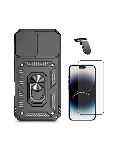 Kit Vidro Premium Full Cover + Capa Magnetic Slide Window + Suporte Magnético L  Para Apple iPhone 16 - Preto