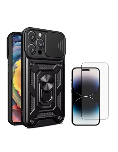 Kit Vidro Premium Full Cover + Capa Magnetic Slide Window  Para Apple iPhone 16 Pro - Preto