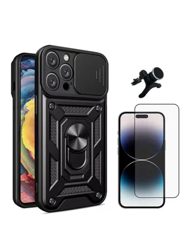 Kit Vidro Premium Full Cover + Capa Magnetic Slide Window + Suporte Magnético Reforçado  Para Apple iPhone 16 Pro - Preto